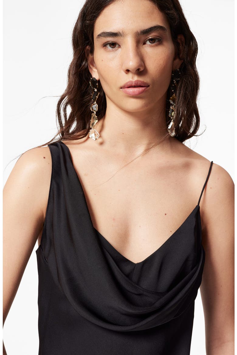 Asymmetric Cowl Neck Satin Midi Dress, Alternate, color, BLACK DARK