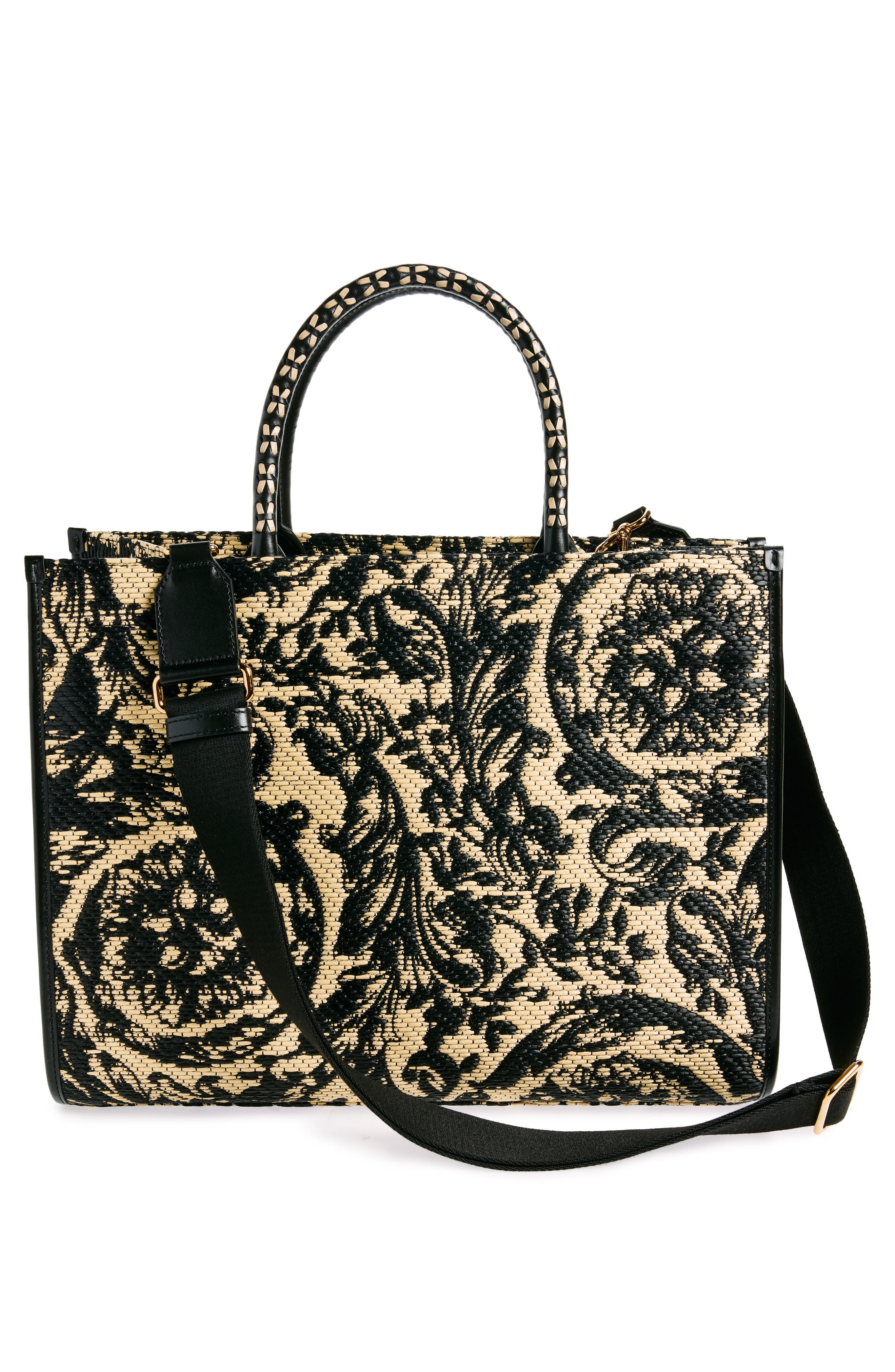 Versace Large Barocco Floral Raffia Tote, Alternate, color, 