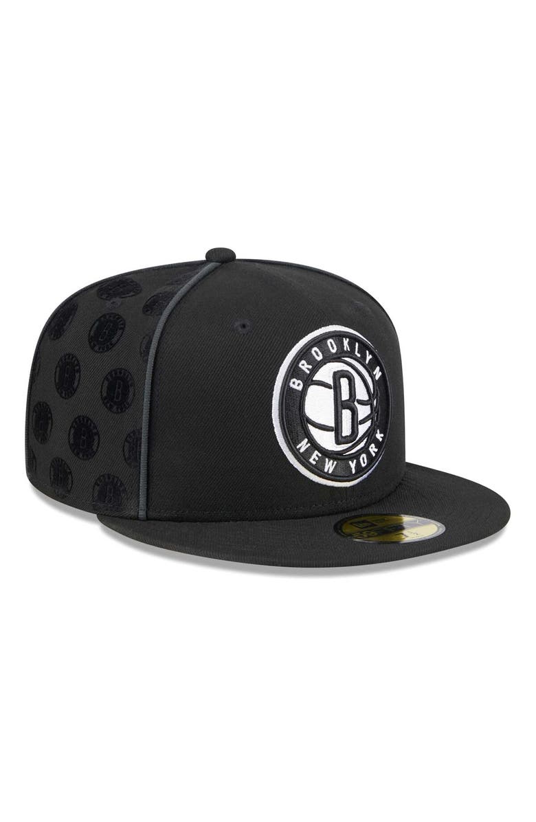 New Era Men's New Era Black Brooklyn Nets Piped & Flocked 59Fifty Fitted Hat, Alternate, color, Black