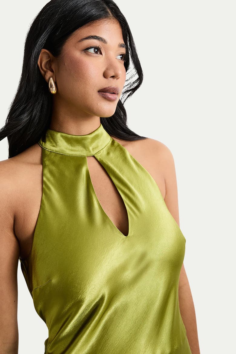Satin Tie Neck Cowl Maxi Dress, Alternate, color, Olive