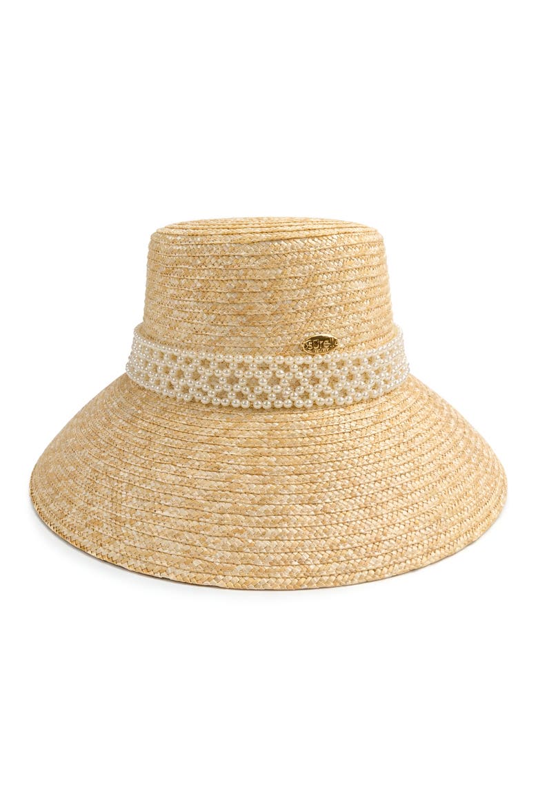 Imitation Pearl Detail Straw Cloche, Main, color, NATURAL/ PEARL