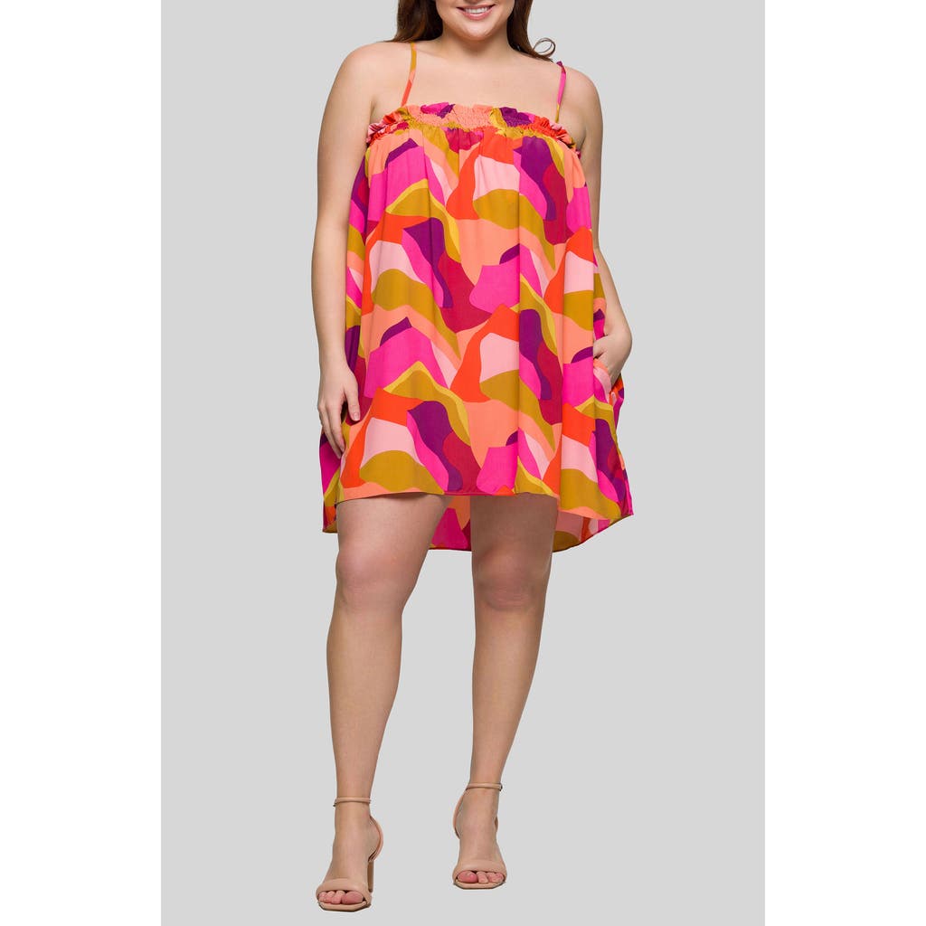 24seven Comfort Apparel Plus Size Square Neck Spaghetti Strap Smocked Pockets Mini Dress In Multi
