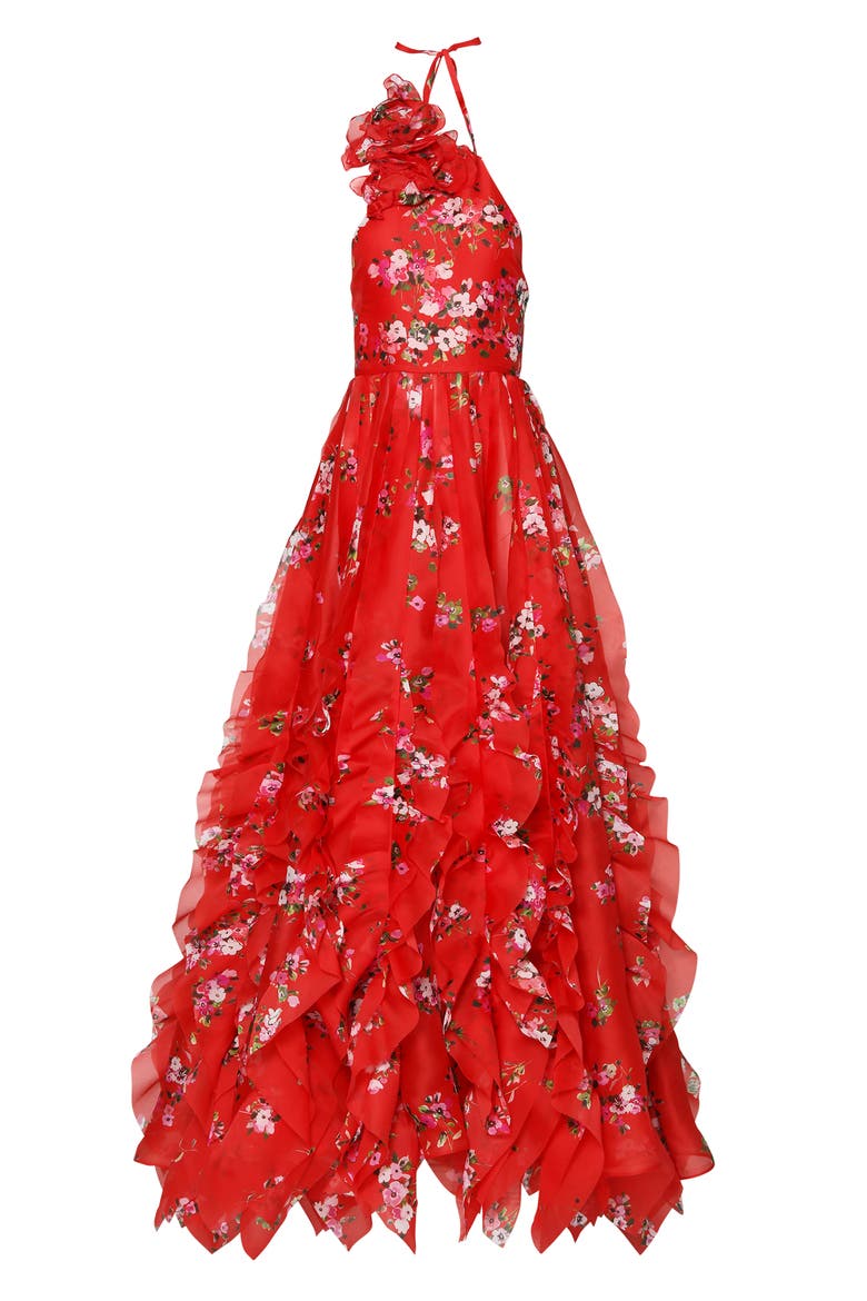 Pleated Halter Neck Floral Print Handkerchief Hem Silk Gown, Alternate, color, POPPY-MULTI