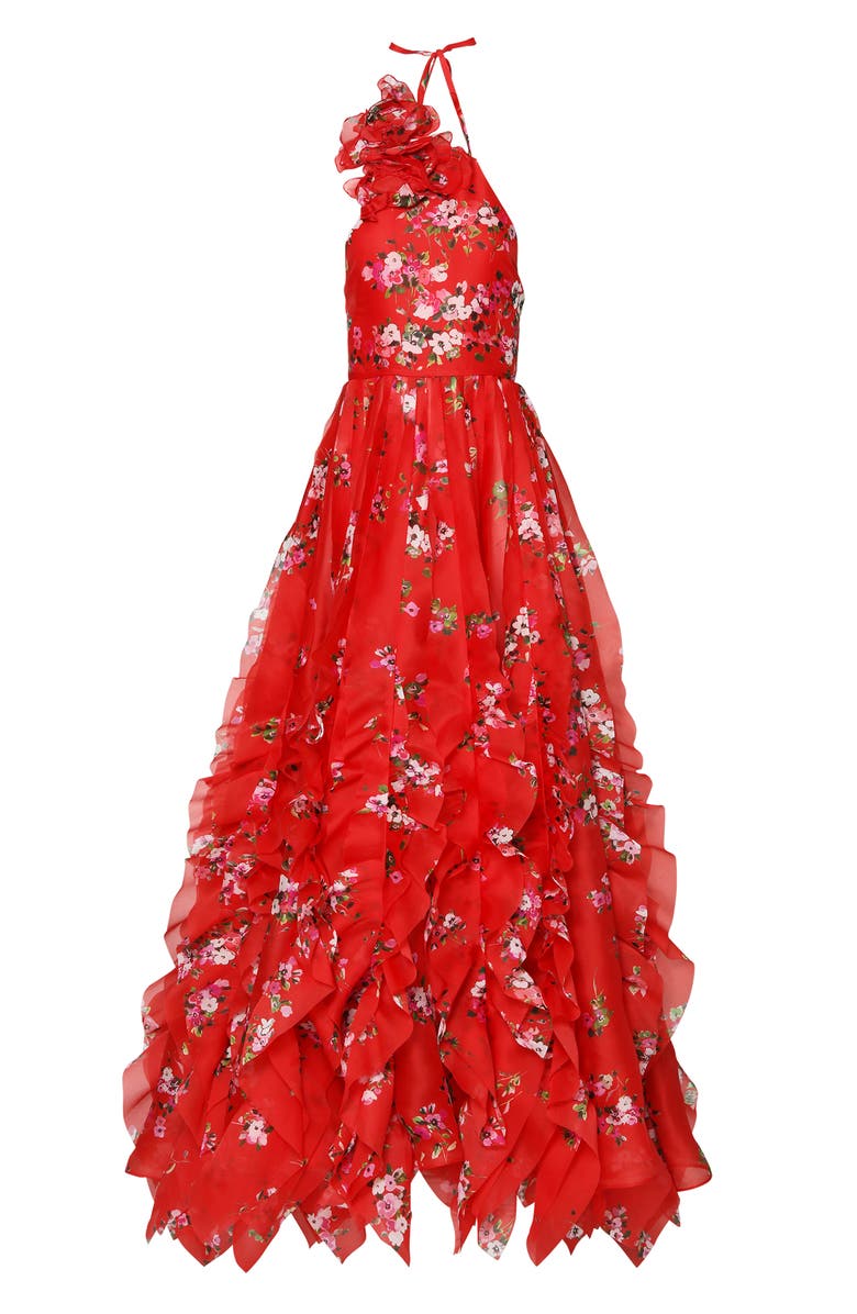 Carolina Herrera Pleated Halter Neck Floral Print Handkerchief Hem Silk Gown, Alternate, color, 