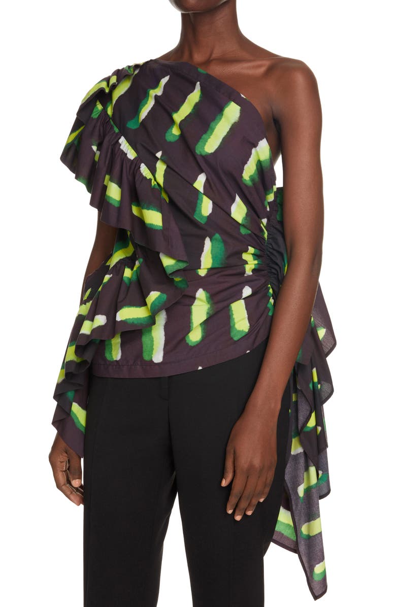 Dries Van Noten Cony Print Ruffle One-Shoulder Top, Alternate, color, 