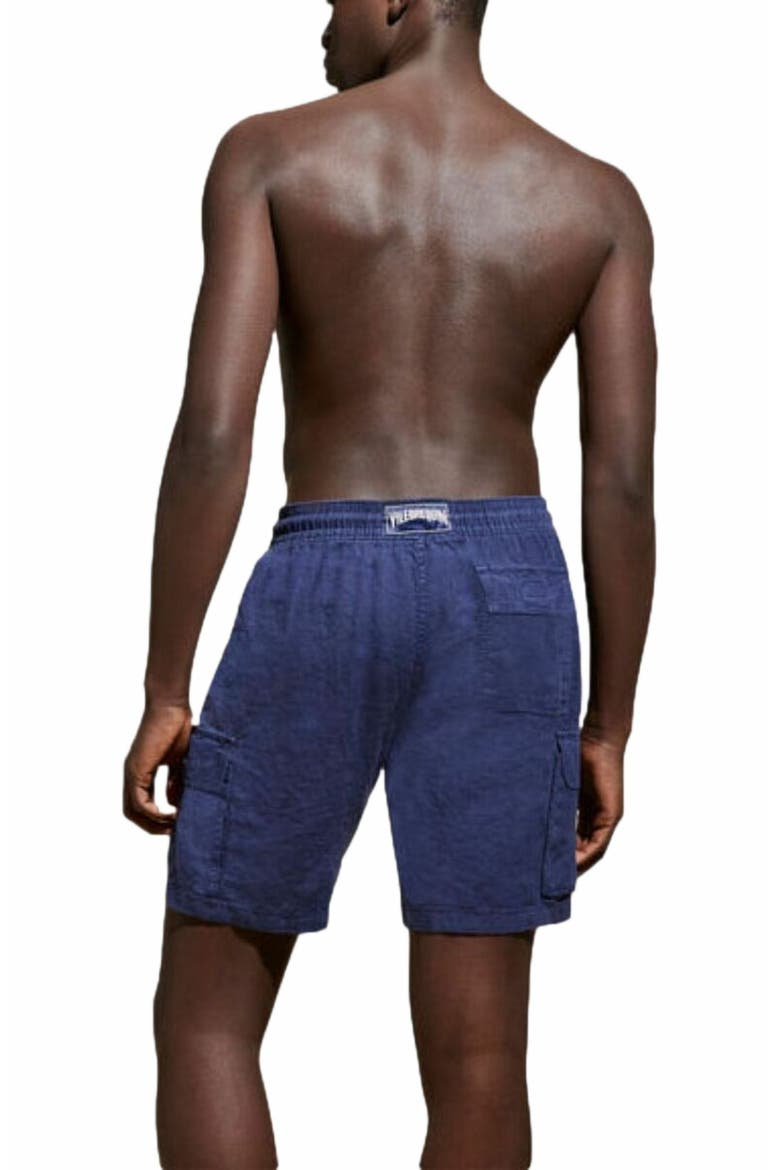 Men's Linen Bermuda Cargo Pockets Shorts, Alternate, color, BLEU MARINE