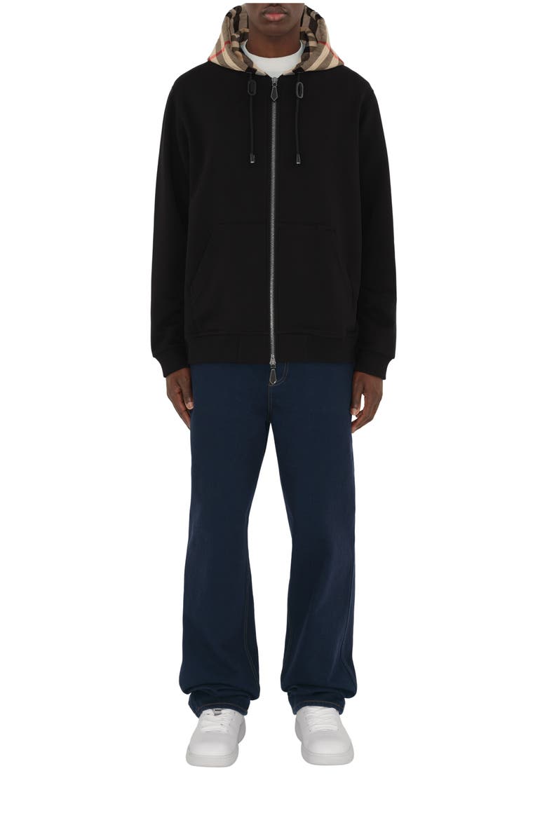 Check Hood Cotton Zip Hoodie, Main, color, Black/archive beige