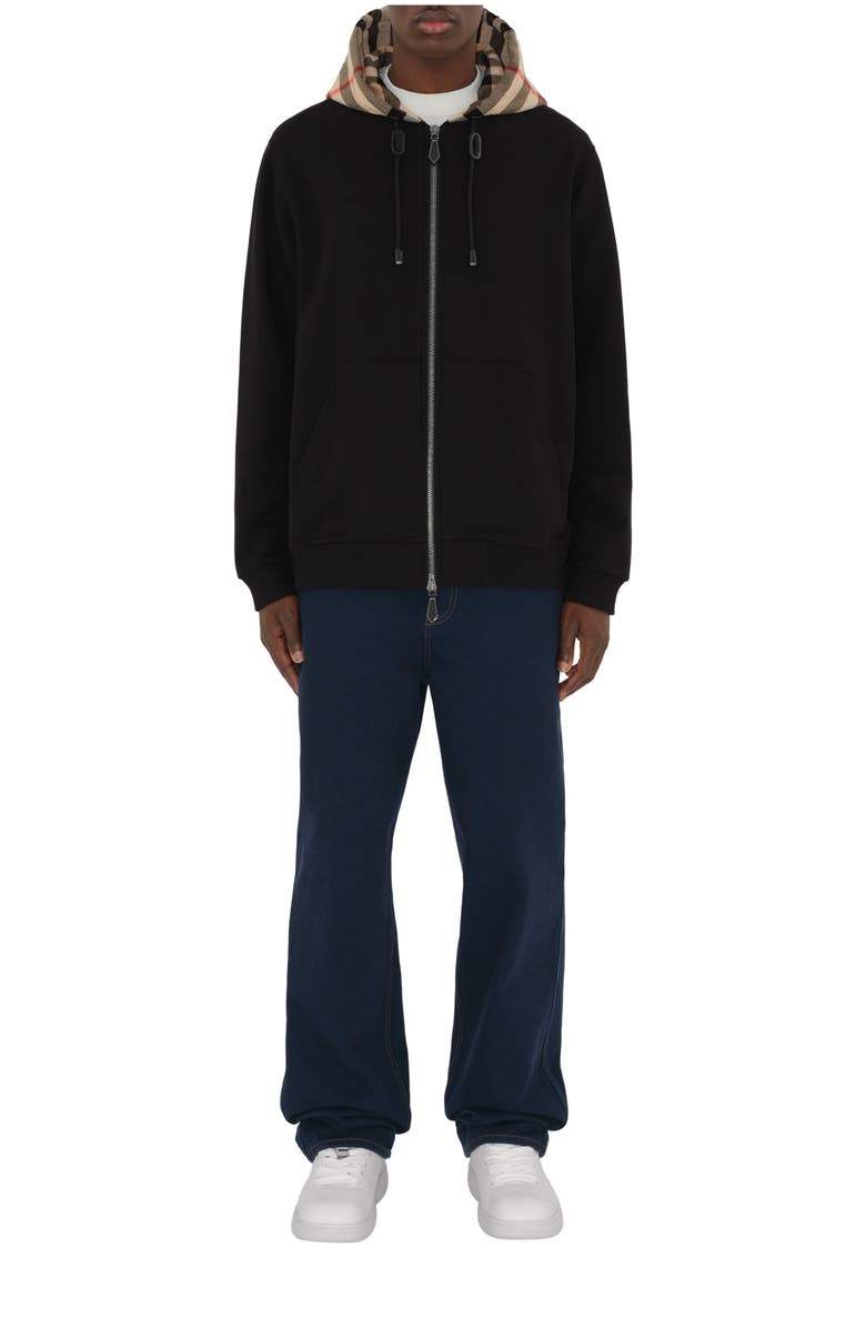 Burberry Check Hood Cotton Zip Hoodie, Main, color, Black/Archive Beige