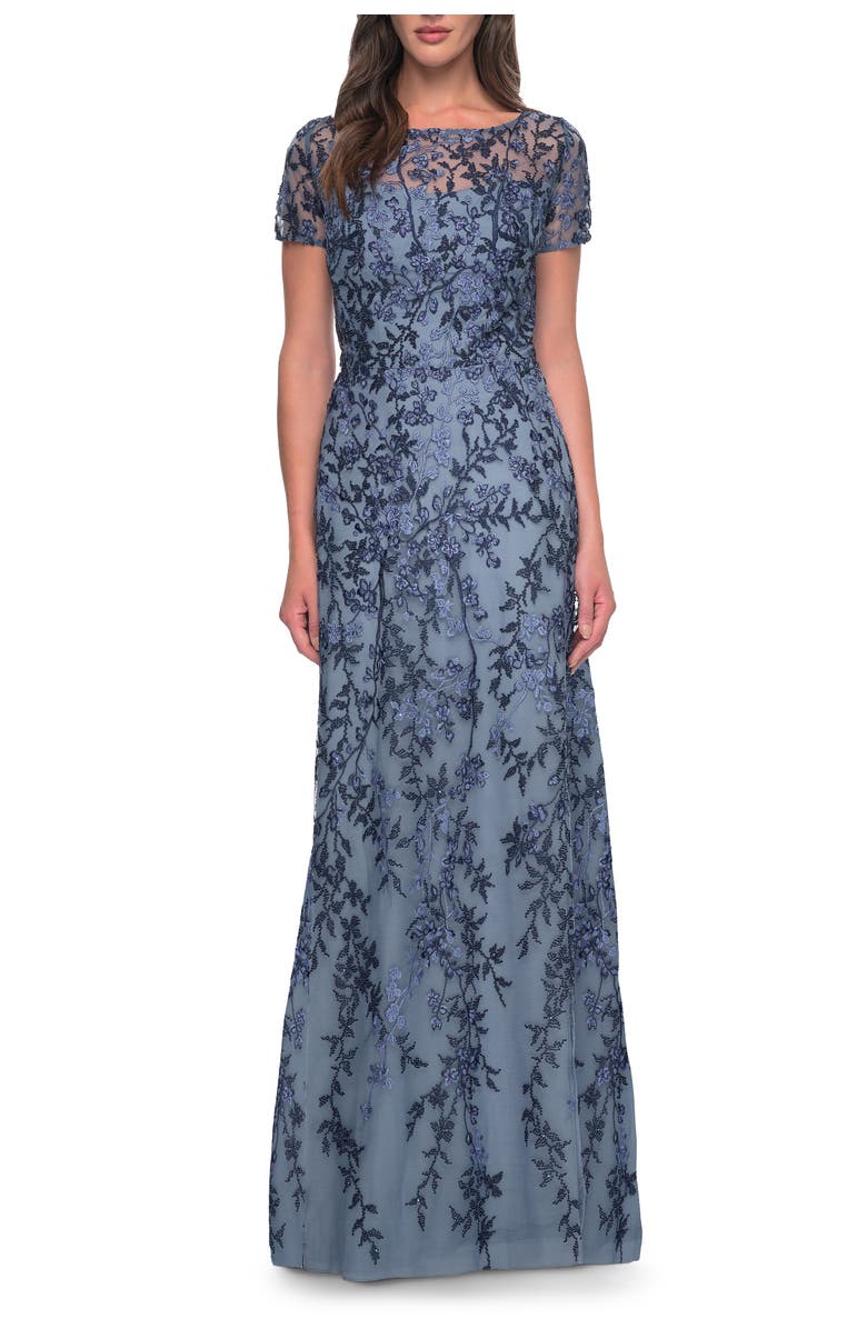 La Femme Floral Beaded Evening Dress with Sheer Cap Sleeves, Main, color, Slate