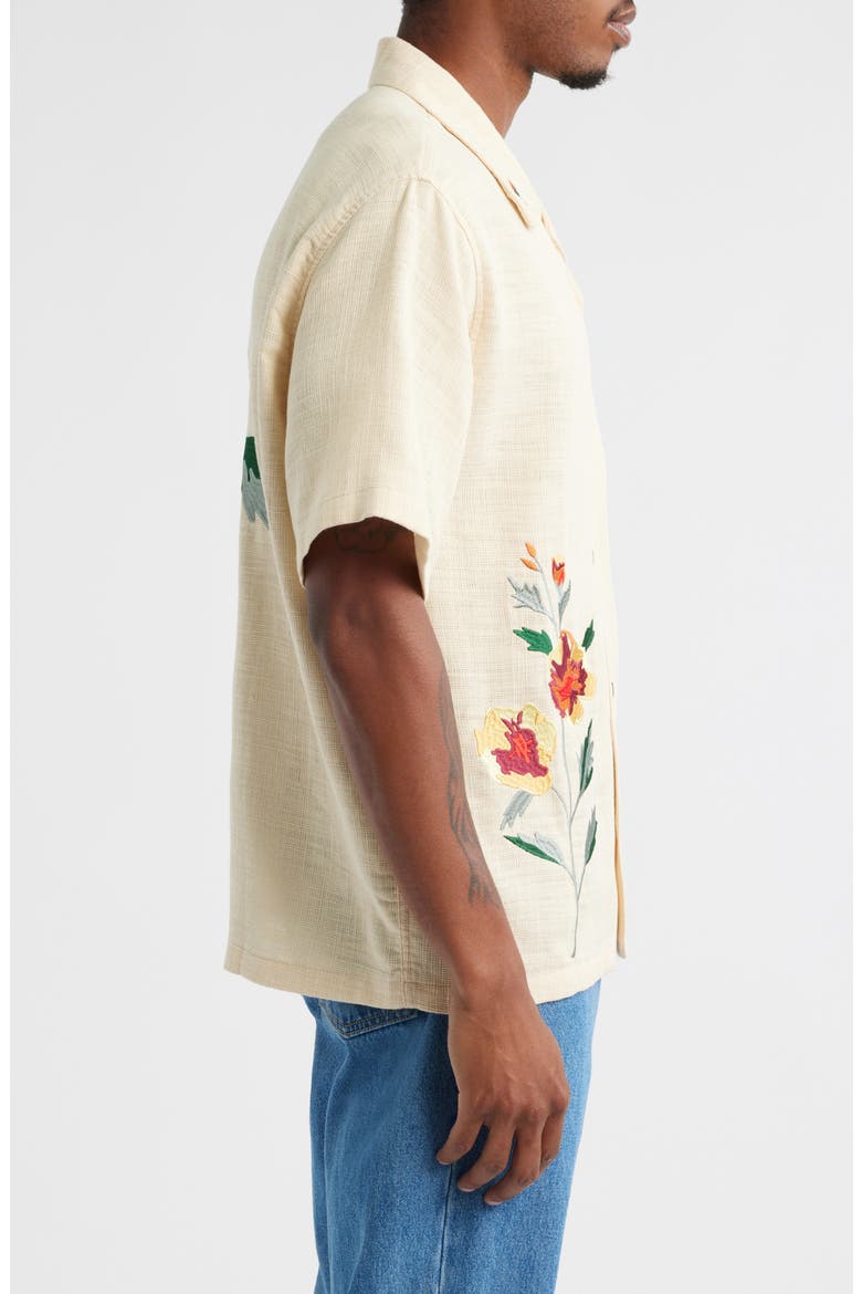 Oversize Floral Embroidered Camp Shirt, Alternate, color, TAN