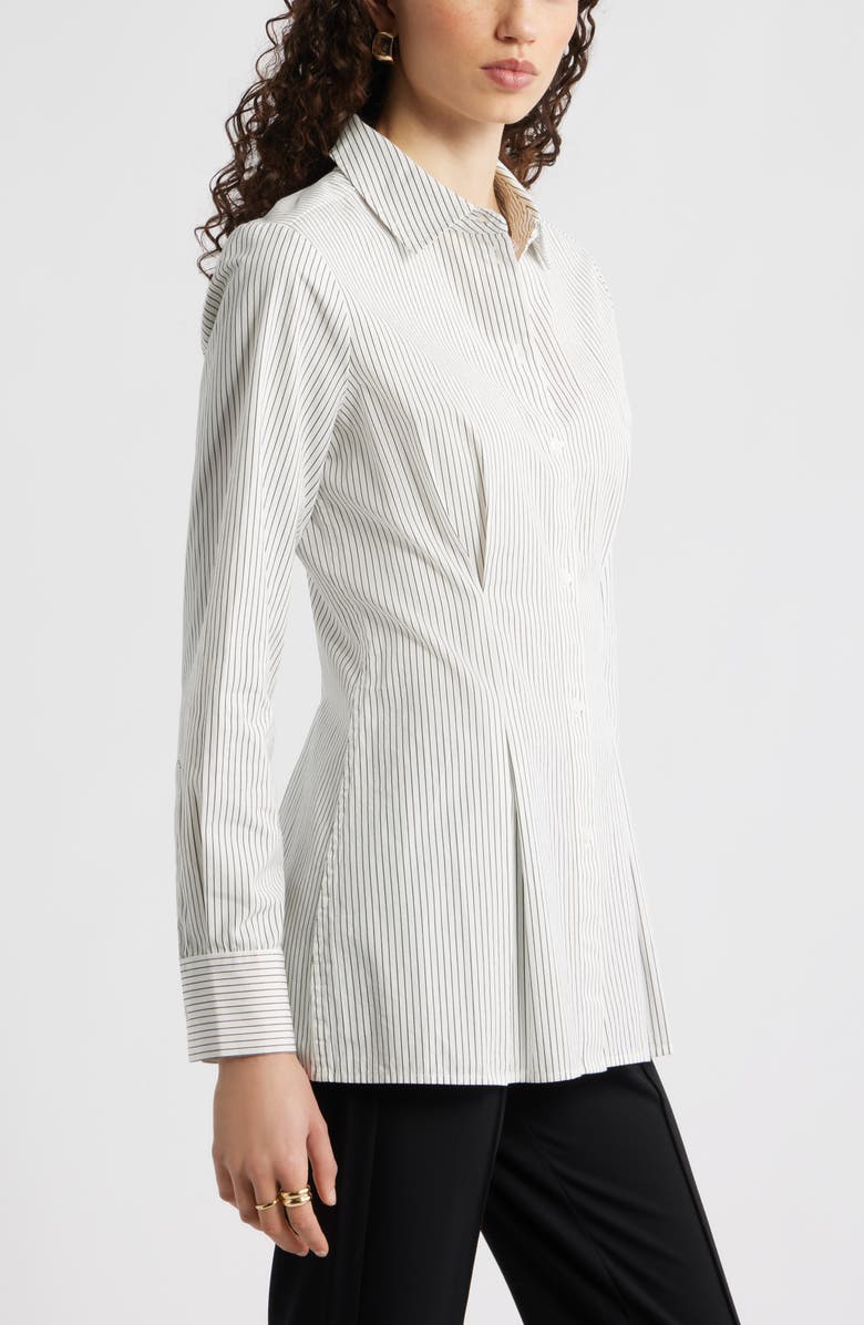 Nordstrom Stripe Pleat Waist Button-Up Shirt, Alternate, color, Ivory- Navy Dylan Stripe