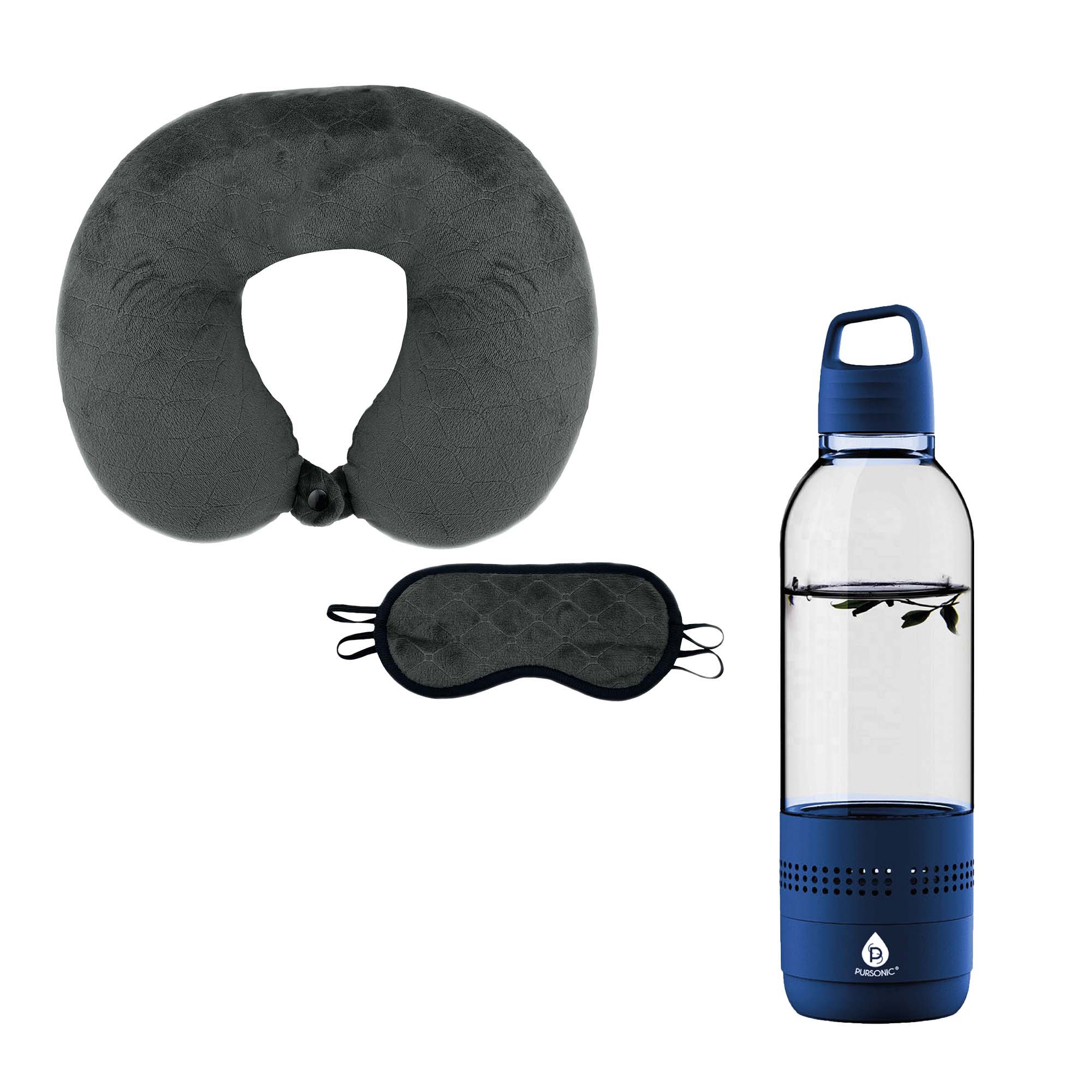 PURSONIC Travel Comfort & Entertainment Bundle 2-in-1 Water Bottle Speaker & Memory Foam Travel Pillow with Sleep Mask, Main, color, Multicolor