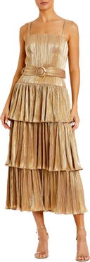 Mac Duggal Square Neck Metallic Plissé Dress with Buckle Detail