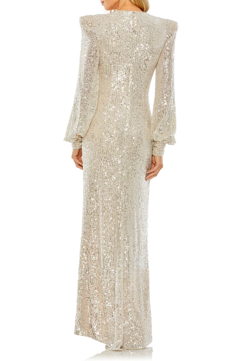 Sequined Plunge Neck Structured Bishop Sleeve Gown, Alternate, color, NUDE SILVER