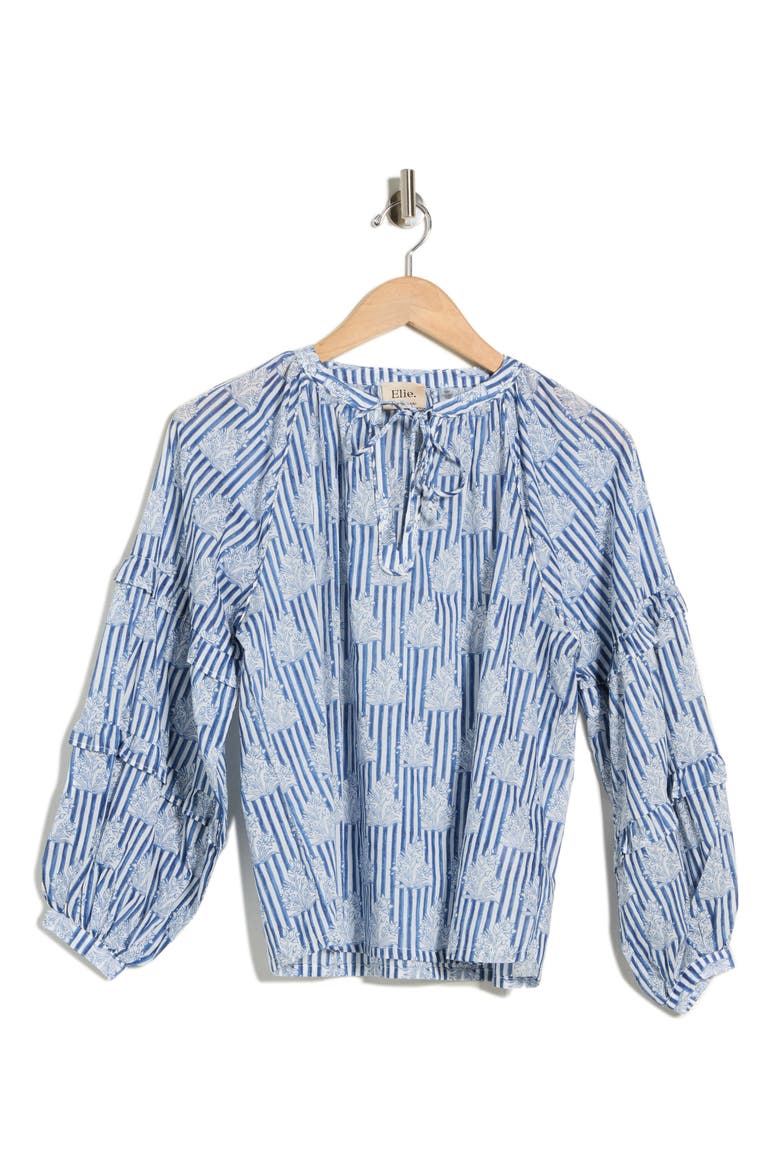 Tie Keyhole Long Sleeve Top, Alternate, color, BLUE STRIPE BUSHES