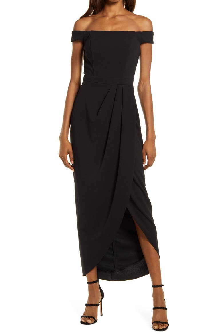 Xscape Off the Shoulder Wrap Front Scuba Crepe Gown, Main, color, BLACK