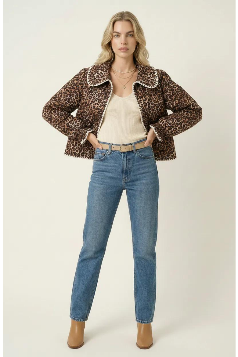 Leopard Print Button-Front Contrast Trim and Collar Jacket, Alternate, color, Leopard Print