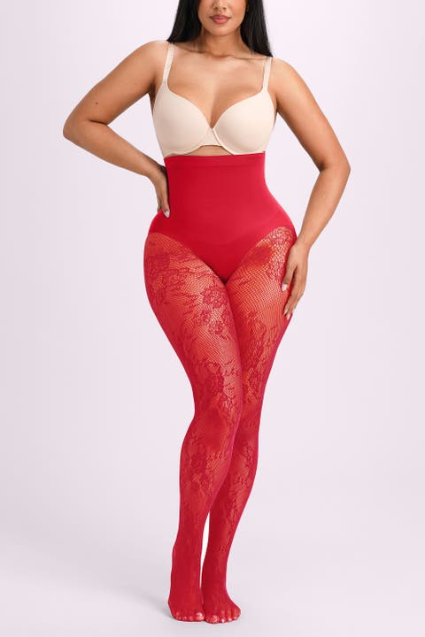 High Waist Floral Lace Tummy Smoothing Sheer Shaping Tights
