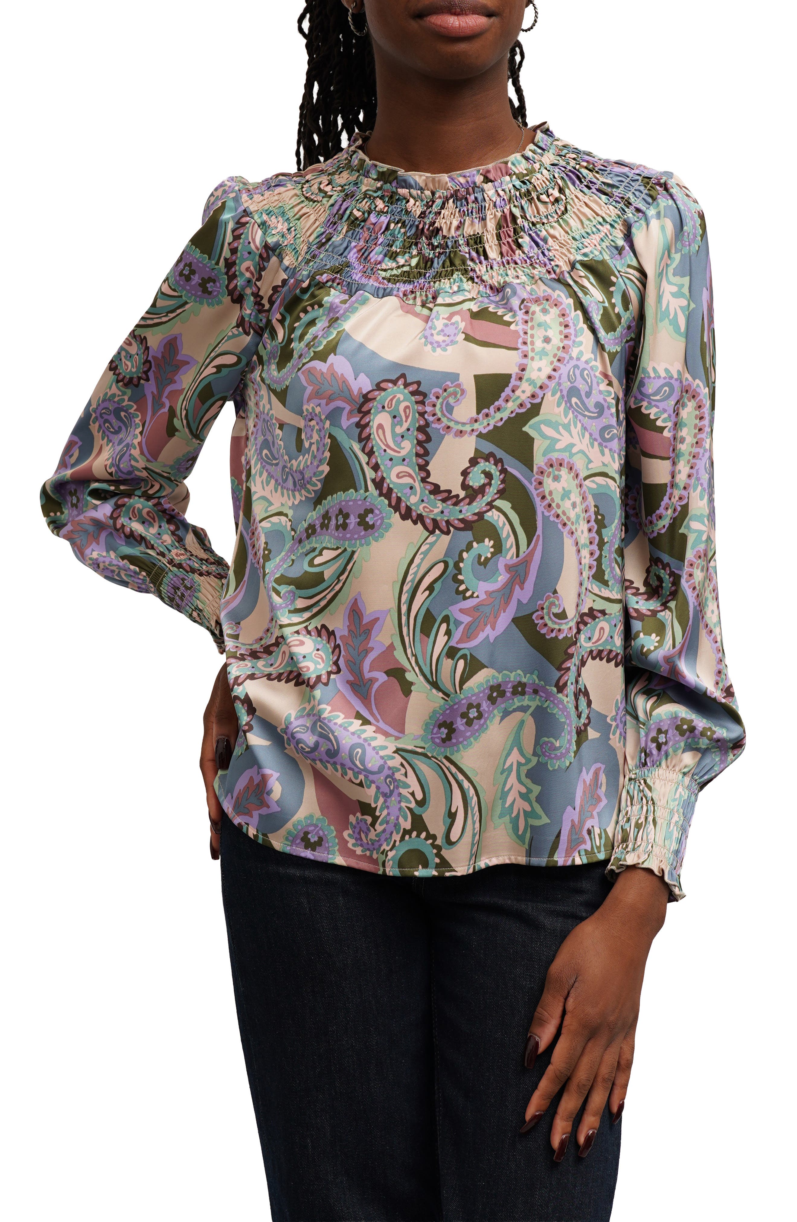 Smocked Paisley Print Top