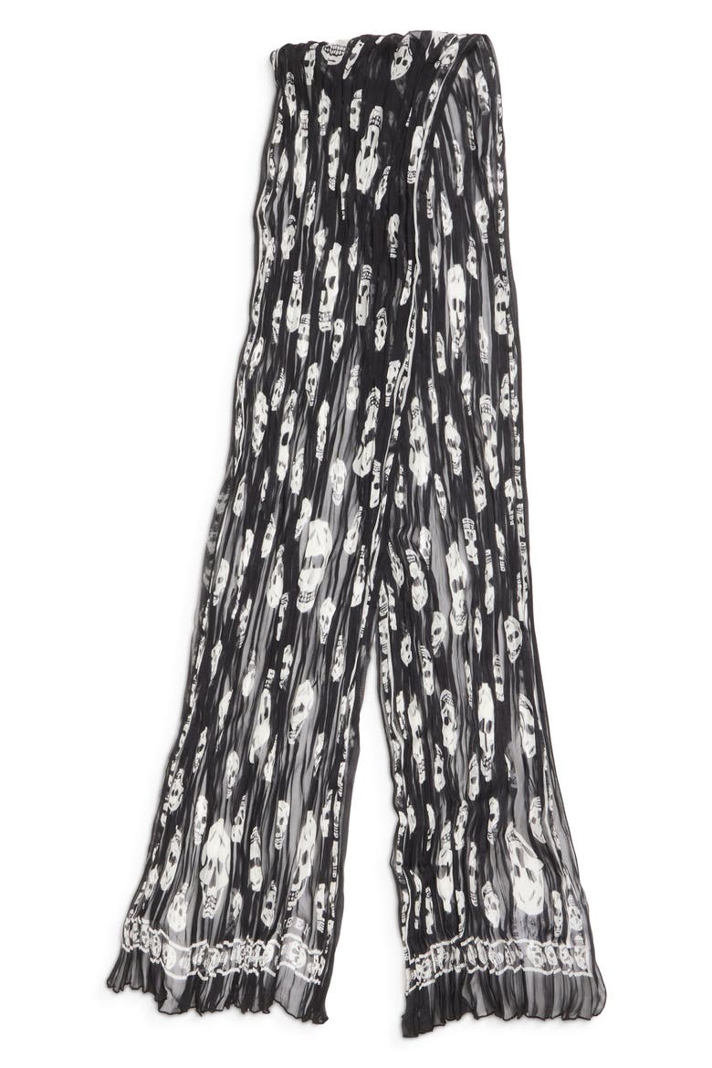 Skull Print Pleated Silk Scarf, Main, color, BLACK/ IVORY