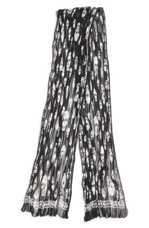 Skull Print Pleated Silk Scarf