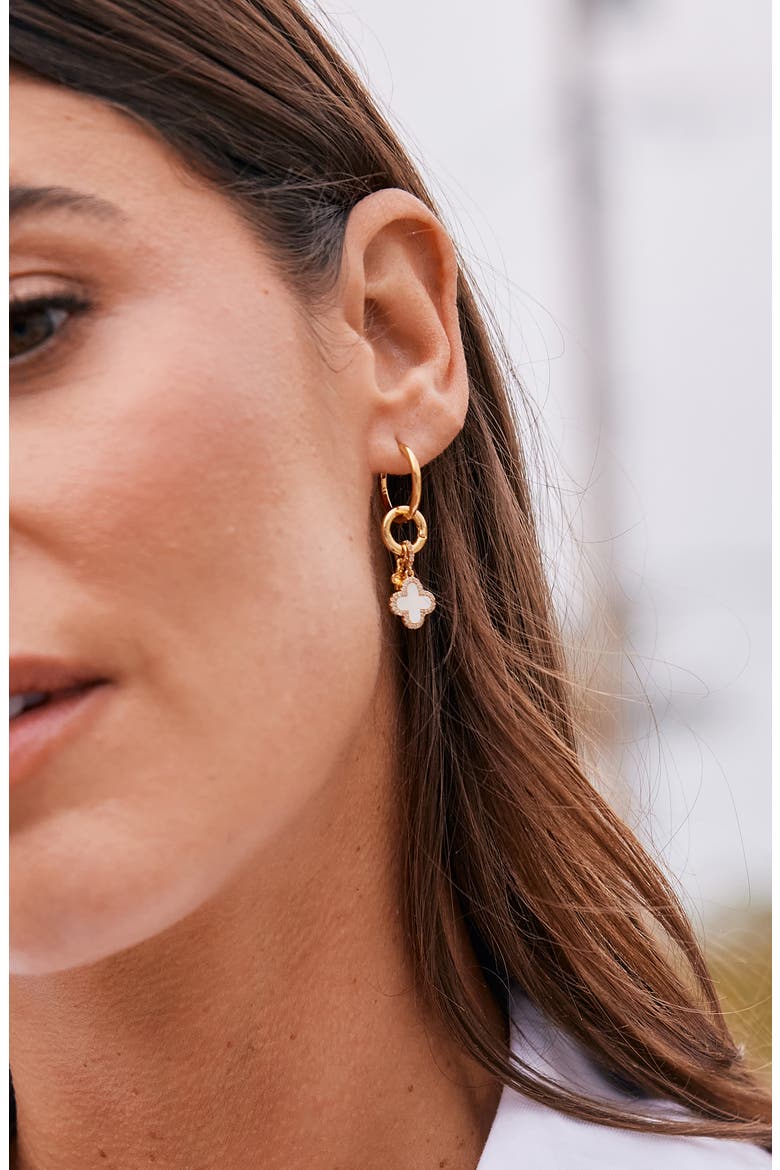 Chatham Mother-of-Pearl Clover Charm Huggie Hoop Earrings, Alternate, color, GOLD