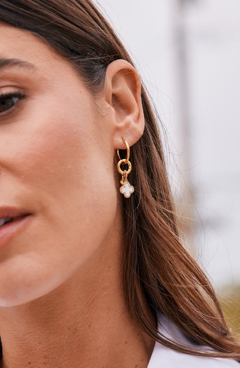 Brook and York Chatham Mother-of-Pearl Clover Charm Huggie Hoop Earrings, Alternate, color, Gold