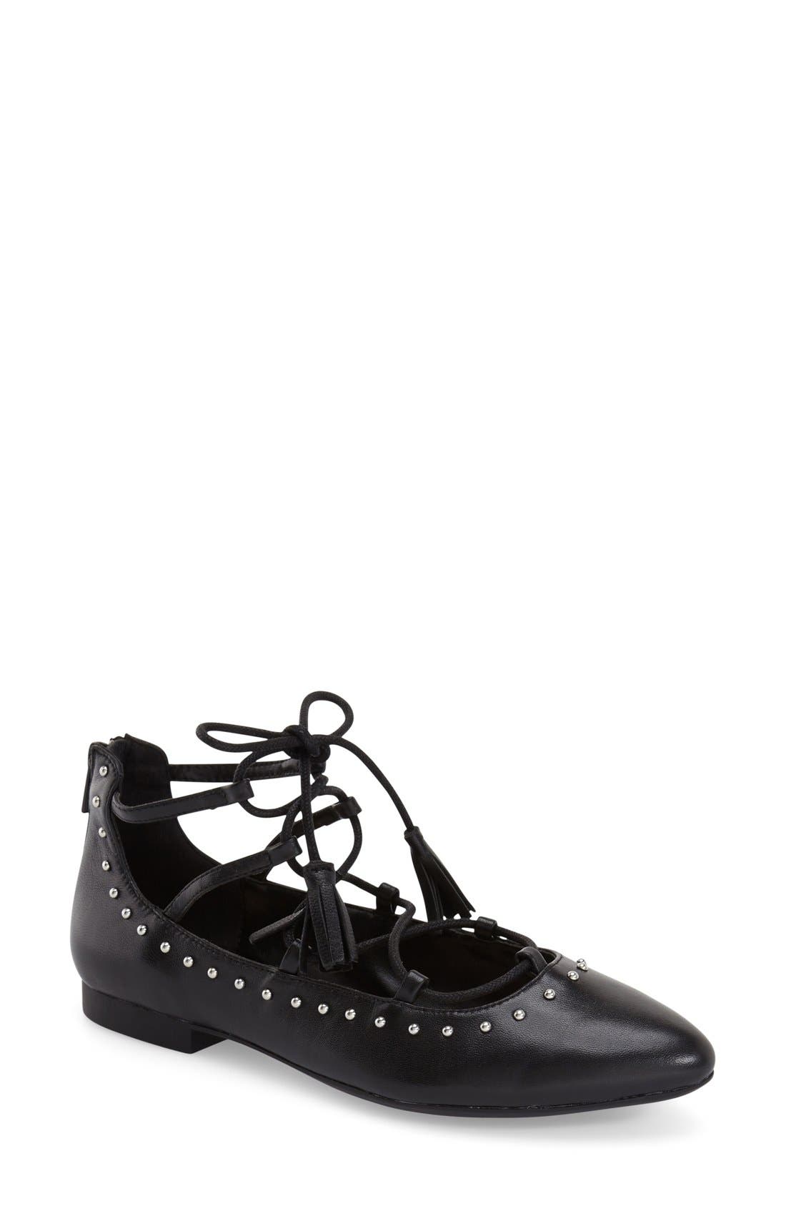 'Ollie' Studded Lace Up Flat, Main, color, BLACK