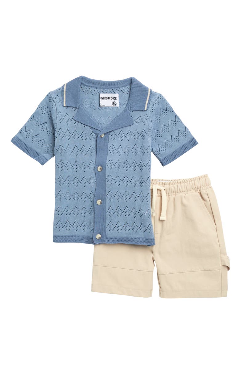 Sovereign Code Kids' Slogan Pilot Cotton Pointellé Button-Up Knit Shirt & Shorts, Main, color, 