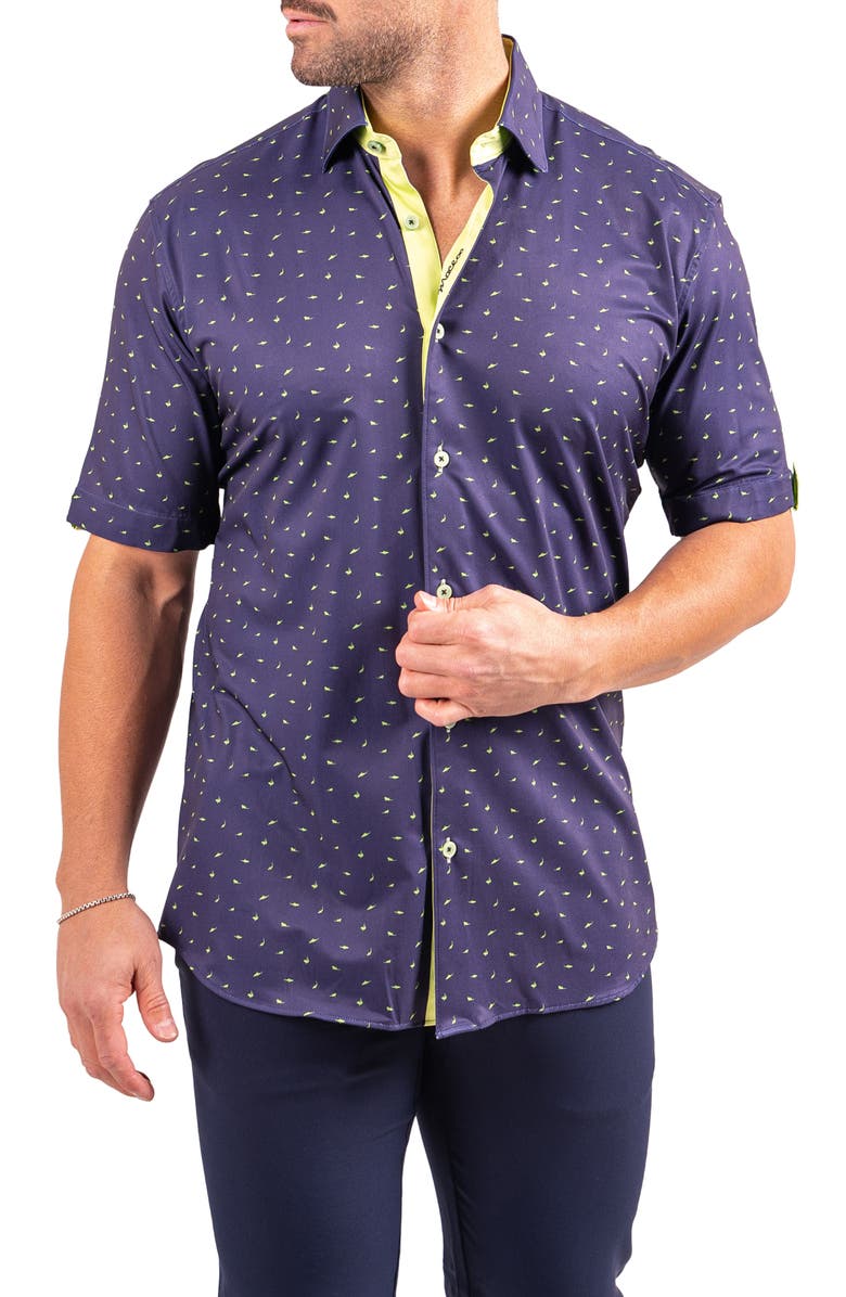 Maceoo Galileo Resistance Shark Print Short Sleeve Button-Up Shirt, Alternate, color, Blue