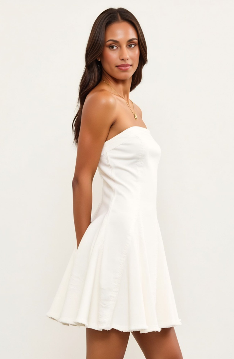 Modenaire Strapless Fit-and-Flare Mini Denim Dress with Raw Edge Hem Detail, Alternate, color, White