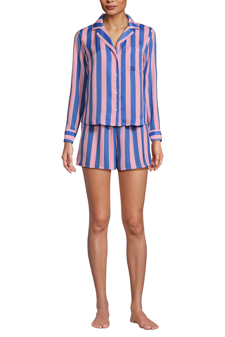 Plus Size Matte Satin 2 Piece Pajama Set - Long Sleeve Top and Shorts, Alternate, color, Light Rose Pink/Brisk Blue