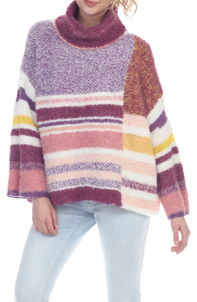 RAIN AND ROSE Colorblock Stripe Turtleneck Sweater, Main, color, Plum
