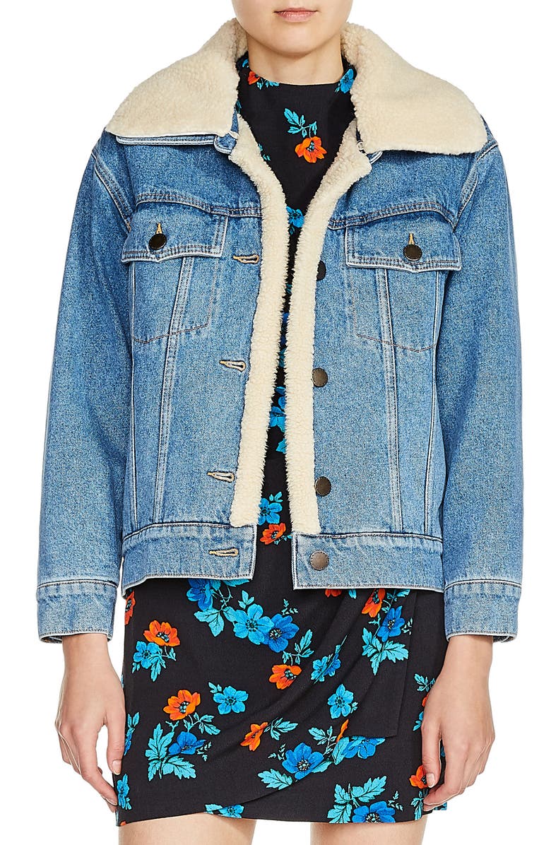 maje Faux Shearling Lined Denim Jacket, Main, color, 