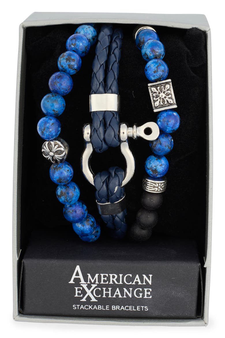 Men's Set of 3 Beaded & Faux Leather Bracelets, Main, color, BLUE/ BLACK