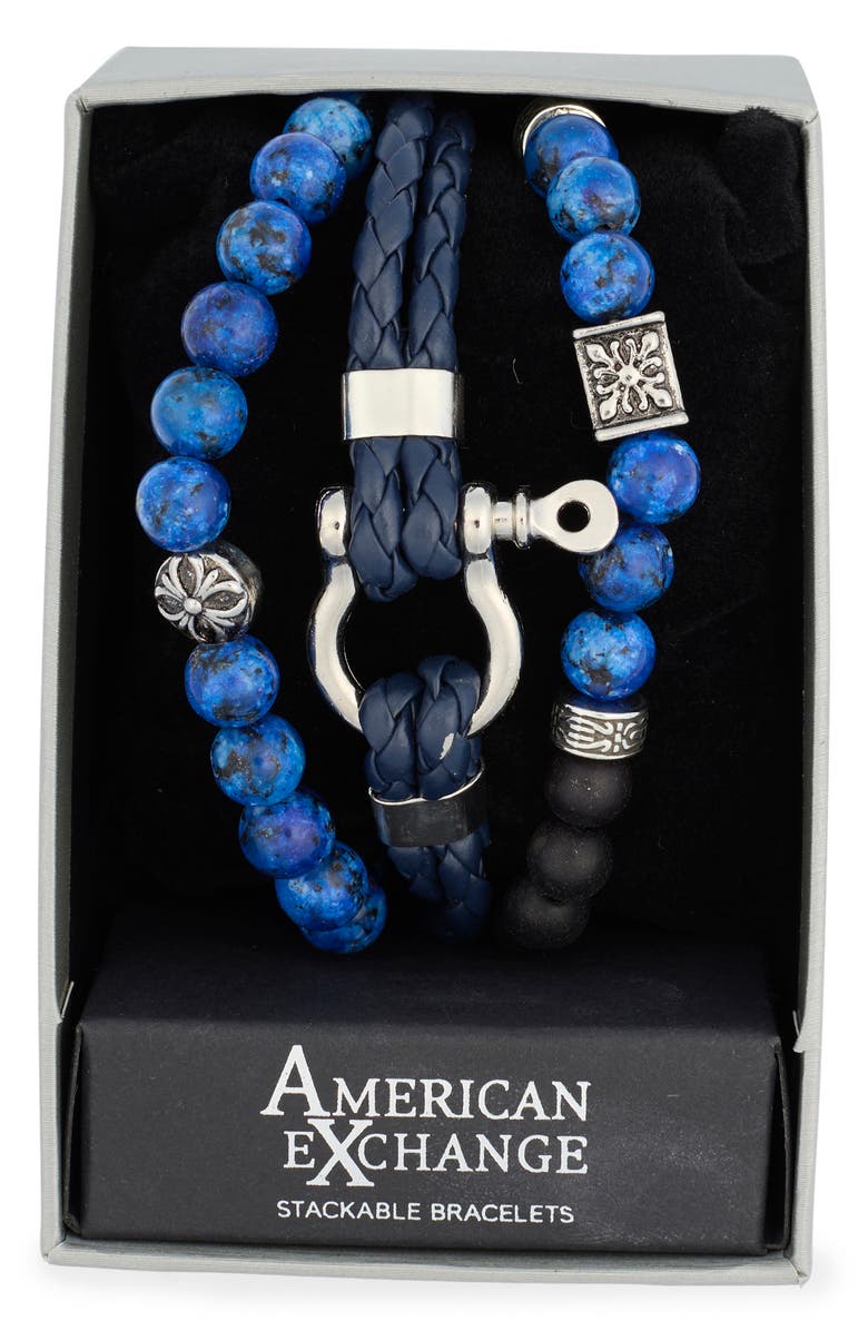 AMERICAN EXCHANGE Men's Set of 3 Beaded & Faux Leather Bracelets, Main, color, Blue/ Black