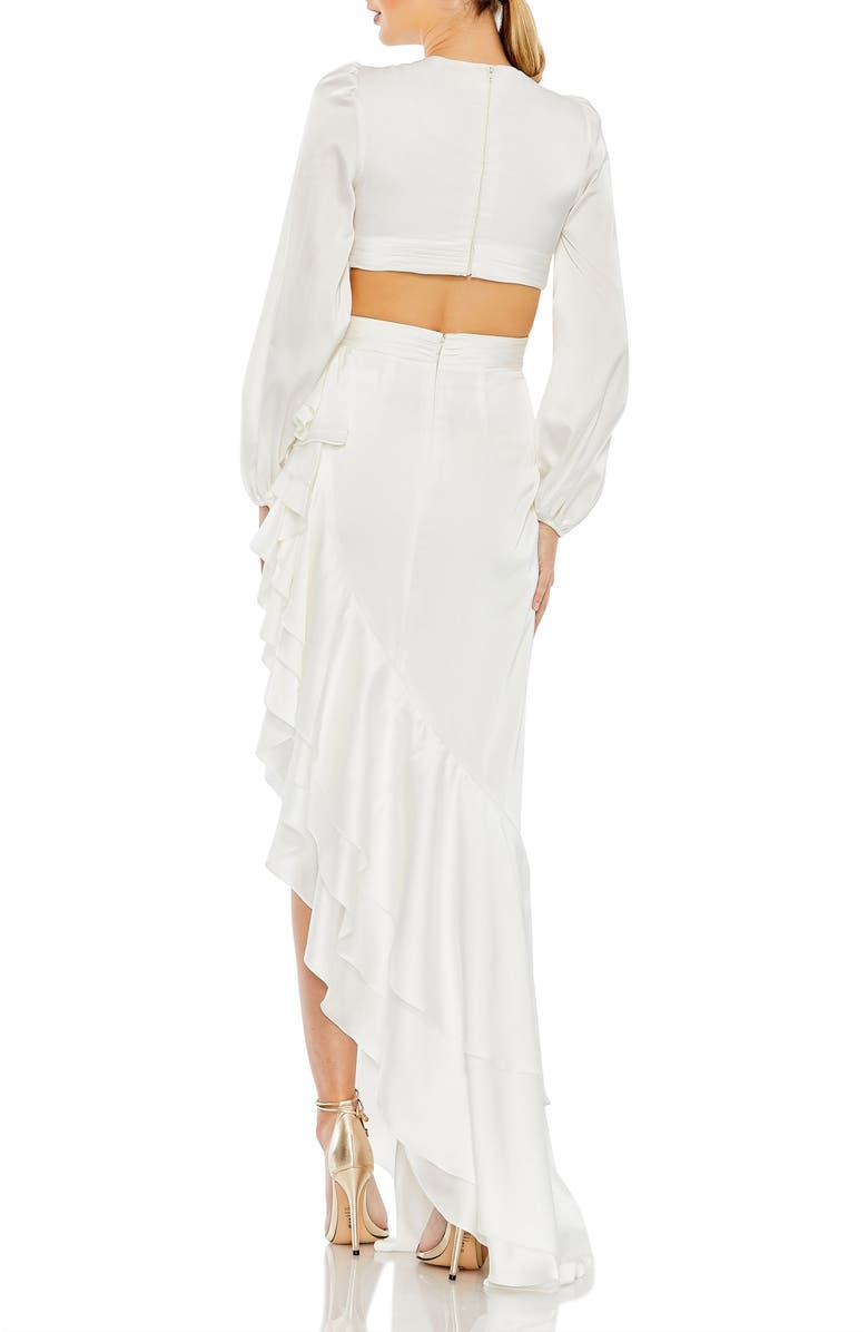 Mac Duggal Plunge Neck Cut Out Asymmetrical Ruffle Gown, Alternate, color, White