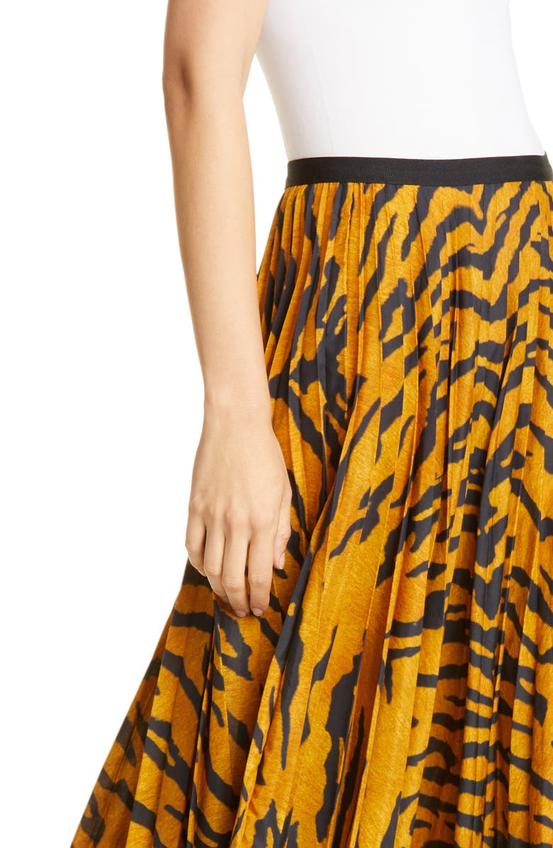 Adam Lippes Pleated Tiger Print Voile Midi Skirt, Alternate, color,