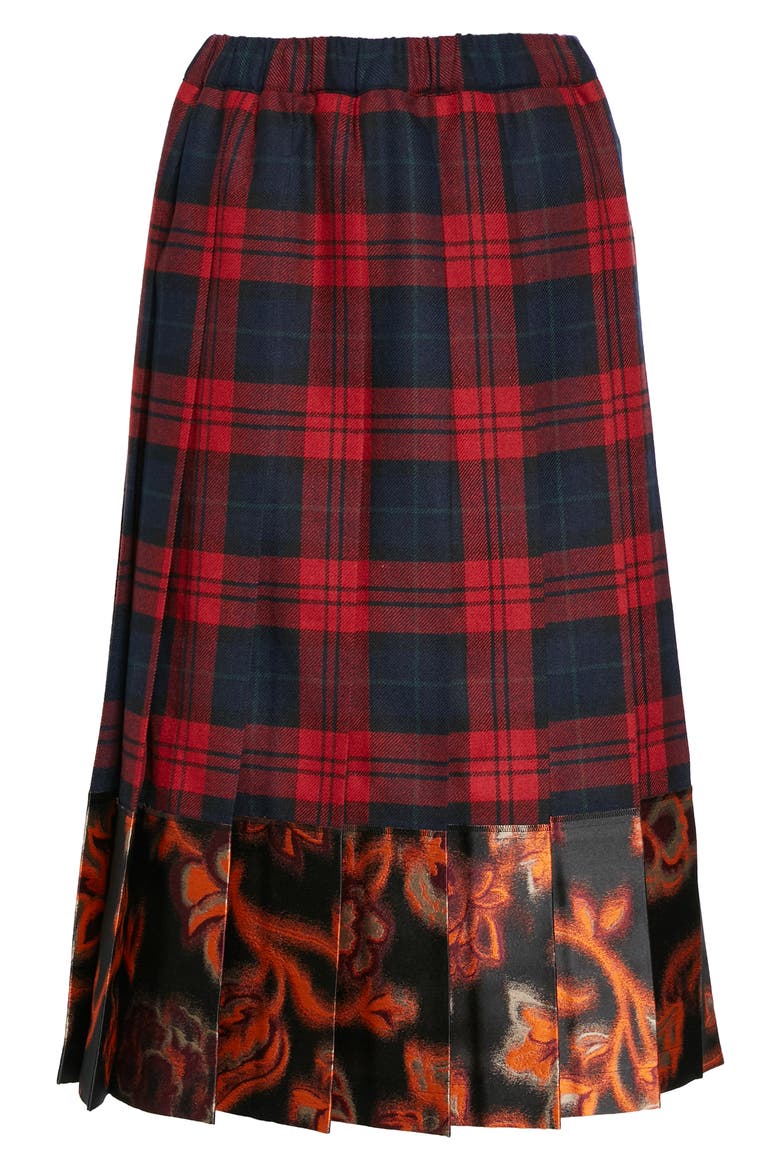 Tricot Comme des Garçons Pleated Check Flannel & Brocade Skirt, Alternate, color, RED/ NAVY X BLK/ RED