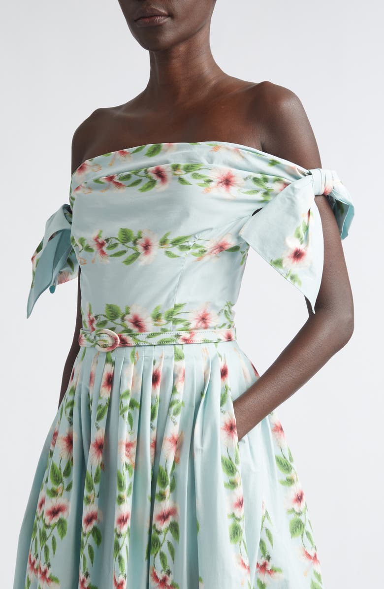 Oscar de la Renta Hibiscus Stripes Cotton Stretch Poplin Midi Dress, Alternate, color, Saltwater