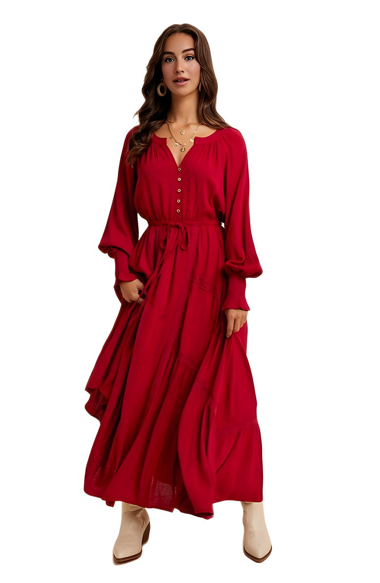 Knit and Lounge Long Sleeve Maxi Dress with Front Buttons and Drawstring Waist, Alternate, color, 