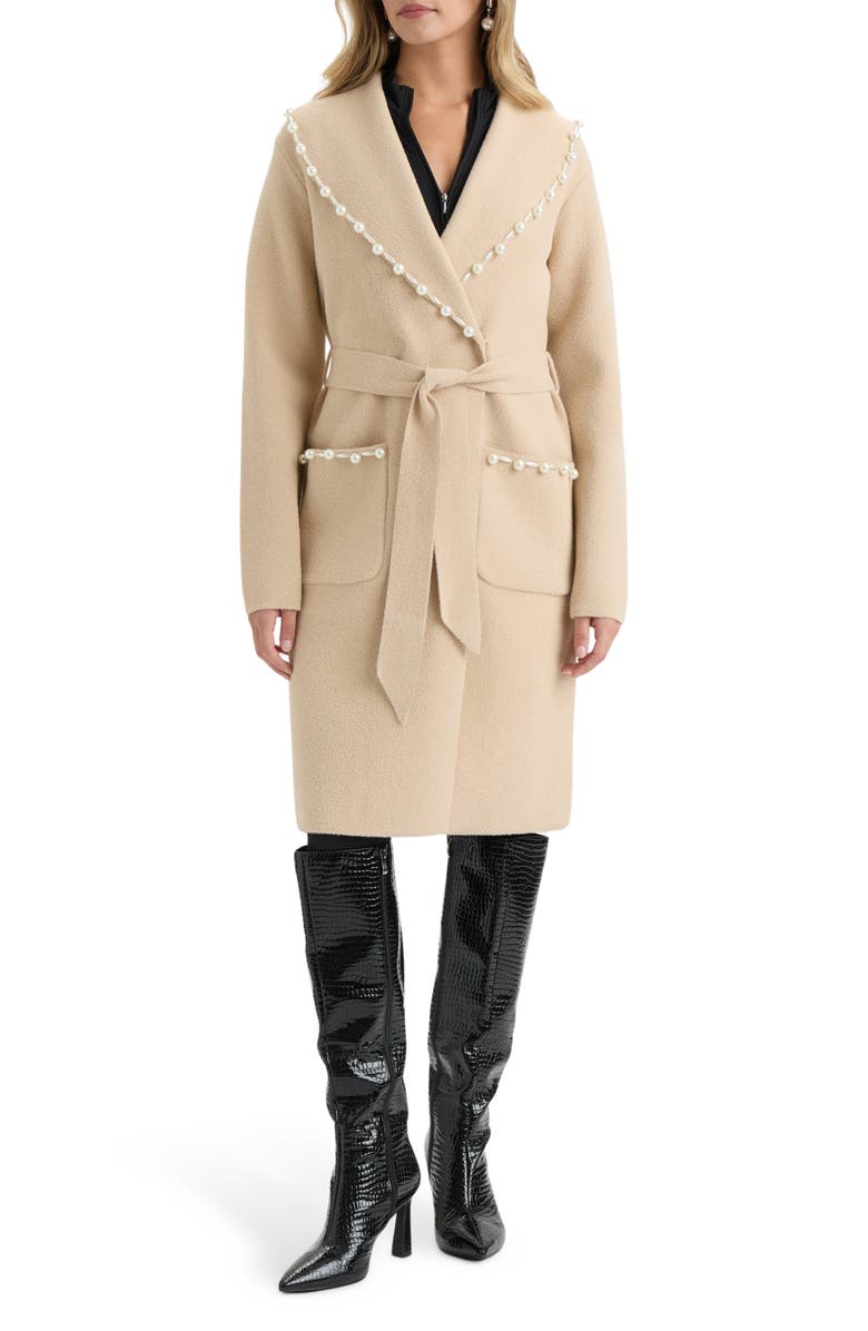 NVLT Pearly Beaded Belted Sweater Coat, Main, color, Light Camel