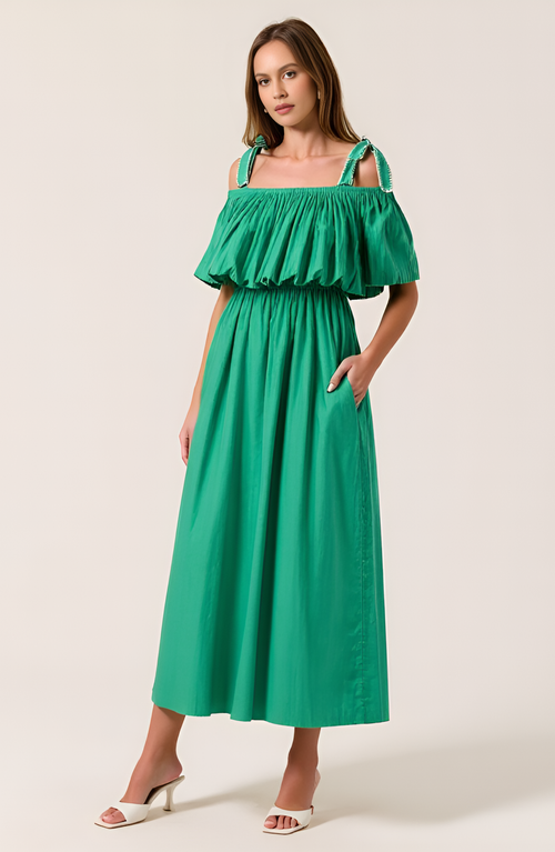 Modenaire Off-shoulder Ruffle Midi Dress In Green