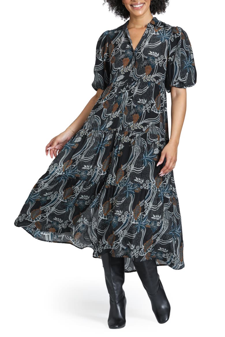 Tiered Elbow Sleeve Midi Dress, Main, color, MIDNIGHT SPRUCE MULTI