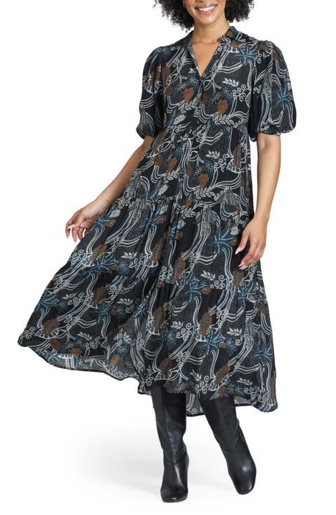 Tiered Elbow Sleeve Midi Dress
