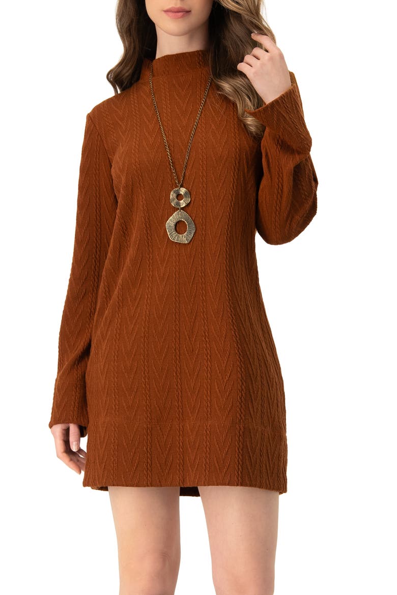 Knitted Short Dress With Necklace, Main, color, Brown
