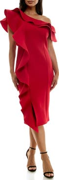 Nina Leonard Ruffle One-Shoulder Scuba Knit Sheath Dress