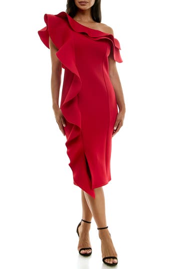Nina Leonard Ruffle One-shoulder Scuba Sheath Dress In Nina Red