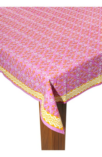Tiramisu Orchid Luxe Block Print Cotton Tablecloth In Yellow/pink