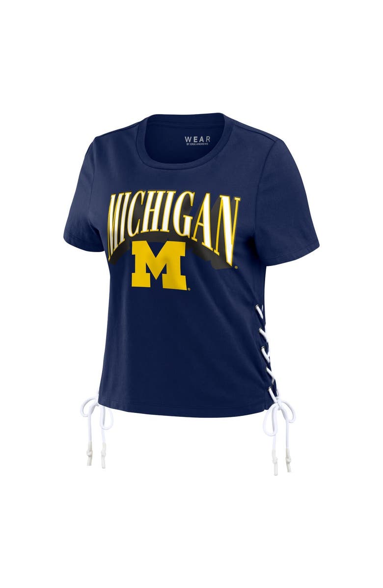 WEAR by Erin Andrews Women's WEAR by Erin Andrews Navy Michigan Wolverines Side Lace-Up Modest Crop T-Shirt, Alternate, color, Navy